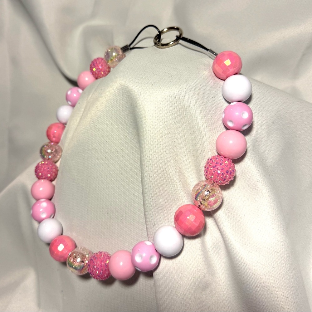 Hand Made Pink & White Dog Puppy Acrylic Beaded 20 1/4” Necklace Collar Jewelry